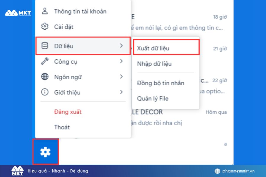 Mở ứng dụng Zalo trên máy tính, chọn "Dữ liệu" > "Xuất dữ liệu".