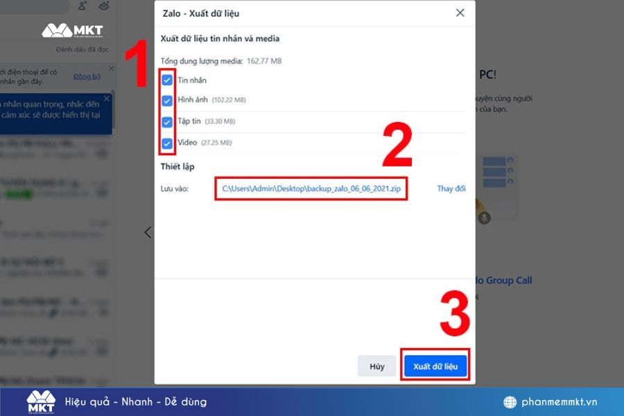 Tick chọn vào các loại dữ liệu mà bạn muốn sao lưu