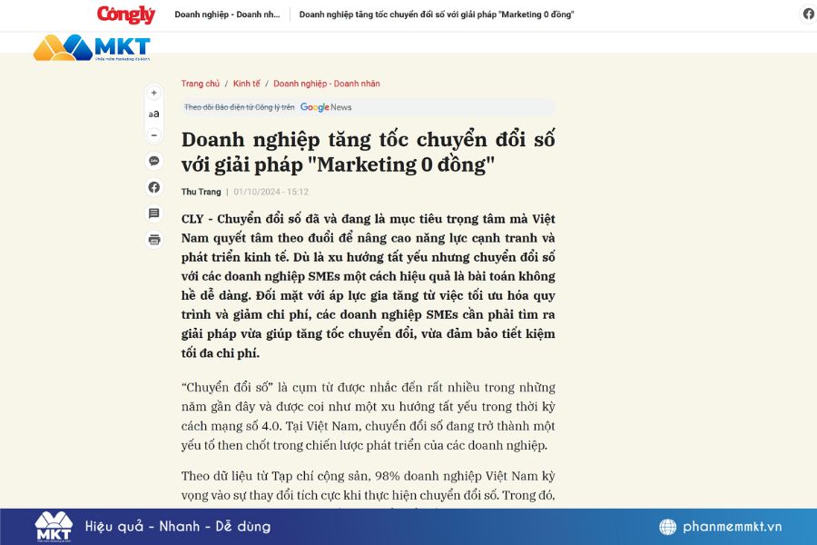 Báo Công Lý chia sẻ về Phần mềm MKT tăng tốc chuyển đổi số với giải pháp "Marketing 0 đồng"